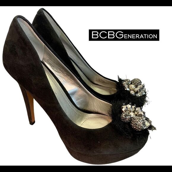 𝅺bcbgeneration BG-Scottie Black Suede bead Embellished High heel pumps size 6.5 - Picture 1 of 10